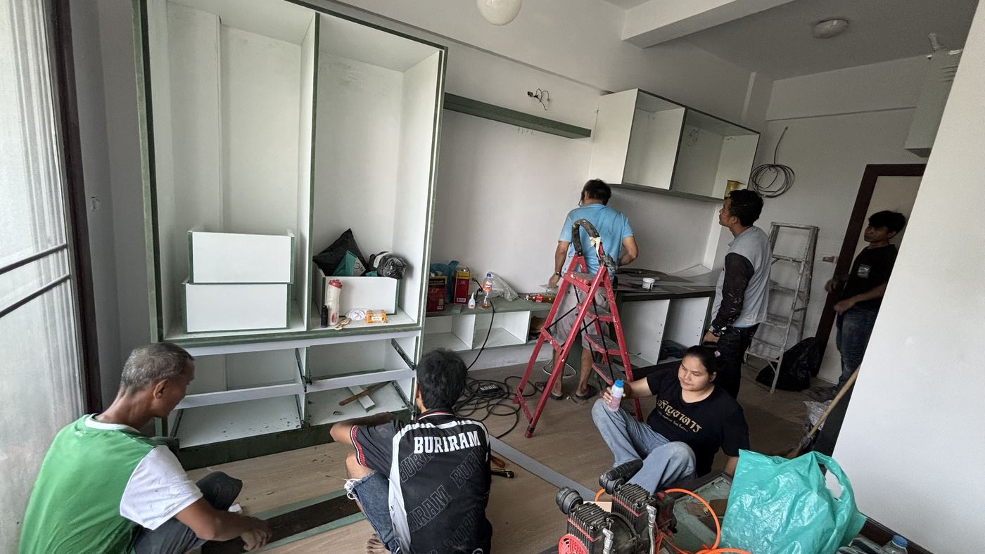 Our team installing a built-in wardrobe and kitchen cabinets at Chain Condominium, unit 813, Jomtien